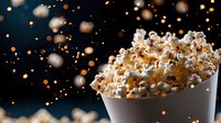 Fresh popcorn overflowing from white container with floating kernels and bokeh lights creating magical atmosphere against dark background for entertainment concept.