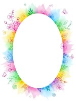 Colorful watercolor oval frame with hand-drawn floral elements, butterflies and leaves on white background for spring design projects and greeting cards.