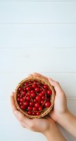 Overhead view of female hands holding wicker basket filled with fresh red currants against white wooden background. Suitable for food, agriculture, and healthy eating content.