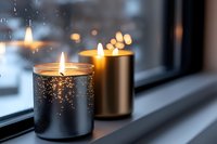 Glowing candles in black glass holders on windowsill create cozy atmosphere with bokeh lights and raindrops on window during evening time. Perfect for holiday decor.