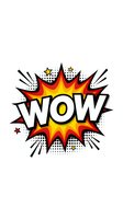 Comic book style WOW explosion burst with halftone dots and radiating lines on white background for pop art designs and promotional materials.