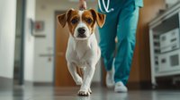 Jack Russell terrier walking in veterinary clinic hallway with vet in scrubs visible in background, low angle view capturing dog's determined expression.