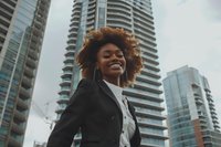 Young African American businesswoman with natural curly hair smiling confidently against modern urban skyscraper background, wearing black blazer and white shirt.