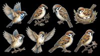 Isolated bird illustrations set featuring eight hand-drawn sparrows and finches in various poses on transparent background. Ready for clipart, t-shirt design, stickers, print-on-demand products, and sublimation projects.