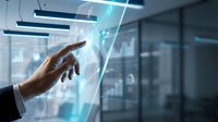 Hand touching holographic digital interface with data visualization in modern office environment for technology and business concepts.