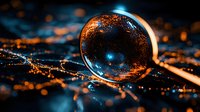Crystal glass sphere on dark surface with glowing orange and blue bokeh lights creating magical reflective atmosphere. Macro photography with selective focus.