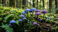 Purple and blue mushrooms growing on mossy forest floor among ferns and green vegetation in natural woodland habitat during daylight hours.