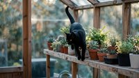 Black cat exploring potted plants on wooden greenhouse shelf with natural sunlight filtering through glass panels creating peaceful garden atmosphere.