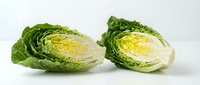 Fresh napa cabbage cut in half showing crisp white stems and green leaves isolated on white background for healthy cooking and meal preparation.
