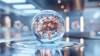 Microscopic virus cell in glass sphere on water surface with ripple effect and blue laboratory background. Medical research and healthcare concept.