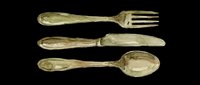 Vintage silverware set with fork, knife, and spoon isolated on transparent background. Ready for clipart, print-on-demand designs, t-shirt graphics, stickers, and sublimation projects.