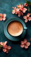 Cup of fresh coffee in turquoise ceramic cup surrounded by delicate pink cherry blossom flowers on dark teal background, creating serene spring atmosphere.
