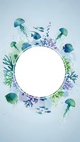 Watercolor marine life circular frame with jellyfish, tropical fish, coral and seaweed on light blue background for ocean themed designs and invitations.