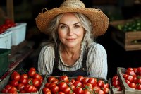 Mature female farmer with silver hair and straw hat smiling at farmers market stand with fresh organic tomatoes. Local food vendor displaying produce.
