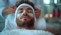 Young bearded man receiving professional facial treatment with under-eye patches while relaxing at luxury spa salon, wellness and skincare concept.