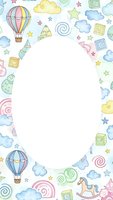 Cute baby shower frame with pastel toys, clouds, stars and hot air balloons on white background for nursery decoration and greeting cards.