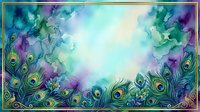 Elegant peacock feathers frame with watercolor splashes in turquoise, purple and green tones creating decorative border for luxury design projects.