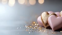 Pink and gold heart-shaped chocolates with scattered glitter on blurred bokeh background, romantic mood for Valentine's day celebration or wedding design.