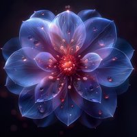 Glowing blue lotus flower with luminous petals and red center against dark background, creating ethereal fantasy effect.