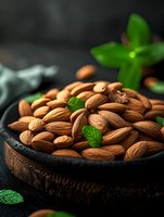 Fresh raw almonds in rustic wooden bowl garnished with mint leaves on dark background, macro food photography with selective focus and bokeh.
