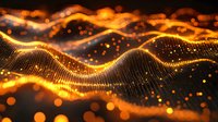 Abstract golden wave pattern with glowing particles and light effects on dark background, flowing dynamic digital art with bokeh elements and luminous dots.