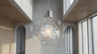 Illuminated geometric wireframe lightbulb suspended in modern interior space with natural sunlight, symbolizing innovation, creativity, and smart ideas for business and technology concepts.