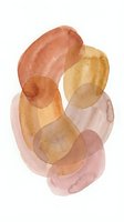 Soft watercolor abstract composition with overlapping organic shapes in warm terracotta, golden yellow, and dusty rose tones on white background.