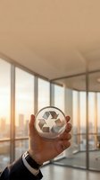 Hand holding a glass recycling symbol in a modern office with city skyline at sunset, representing corporate sustainability and eco responsibility.