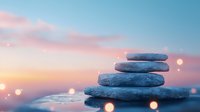 Balanced zen stones on water surface against pink and blue sunset sky with glowing bokeh lights creating peaceful spa atmosphere.