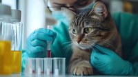 Curious tabby cat watching laboratory work while scientist in protective gloves conducts blood test analysis in medical research facility. Medical research concept.