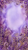 Luxurious purple watercolor background with ornate gold floral and botanical borders, featuring decorative leaves and flowers. Soft lavender wash creates elegant space for text, invitations, or design projects.
