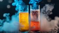 Dramatic cocktails with rising bubbles and colorful smoke effects against dark background. Creative beverage photography for bar menu and advertising.