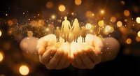 Family protection concept with glowing silhouettes in cupped hands against golden bokeh background for insurance and care themes.
