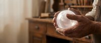 Young adult male with dark skin tone holding glowing crystal ball in hands, fortune teller or spiritual practitioner in warm interior setting with wooden furniture.