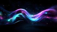 Glowing neon wave with purple and blue light effects flowing through dark space background with stars and cosmic dust particles.
