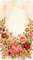Watercolor floral frame with roses, ranunculus, and a pink heart, warm peach tones, copy space for Valentine's Day cards and wedding designs.
