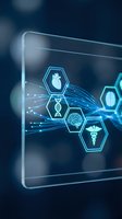 Futuristic medical interface with glowing hexagonal icons displaying heart, DNA, brain and caduceus symbols on transparent digital screen for healthcare technology.