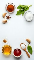 Fresh cooking ingredients and spices arranged on white background including paprika, garlic, star anise, mint leaves, salt, olive oil and tomato sauce.