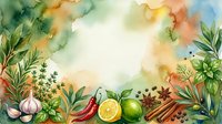 Watercolor illustration of fresh vegetables and spices arranged in circular composition with herbs and citrus fruits, ideal for culinary, cooking, recipe, and food-related design projects.