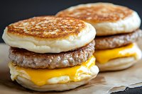 Breakfast sandwich with sausage patty, melted cheese and fried egg served on toasted English muffin, close up view on rustic paper background.