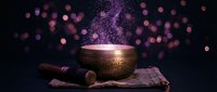 Mystical singing bowl with glowing purple energy and sparkles on wooden surface creates magical meditation atmosphere for spiritual wellness practices.