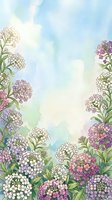 Watercolor floral frame with blooming flowers and soft pastel sky background for spring greeting cards and romantic designs.