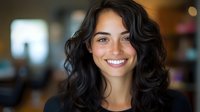 Young woman with curly dark hair and bright smile against blurred cafe background, conveying warmth and approachability for lifestyle or business content.