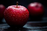 Fresh red apple with water drops on dark background, macro shot showing texture and details. Selective focus creates dramatic food photography effect.
