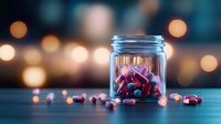 Red and white medical pills in glass jar with soft bokeh lights background, pharmaceutical concept with scattered capsules on dark surface.