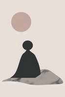 Minimalist abstract composition featuring black silhouette figure meditating under dusty pink moon against neutral background, creating zen-like atmosphere.