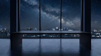 Night sky with milky way galaxy visible through large windows of modern high-rise building overlooking city lights below, suitable for astronomy and urban themes.
