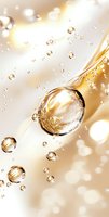 Luxurious golden water drops and bubbles floating on cream background with bokeh effect, macro photography style composition for cosmetic and skincare advertising.