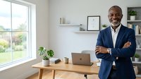 Middle-aged Black male professional in navy blazer and white shirt standing confidently with crossed arms beside wooden desk with laptop in bright modern office with large window and shelving.