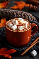 Orange ceramic mug filled with rich hot chocolate topped with white marshmallows and cocoa powder, surrounded by autumn leaves and cinnamon sticks on cozy knit fabric.